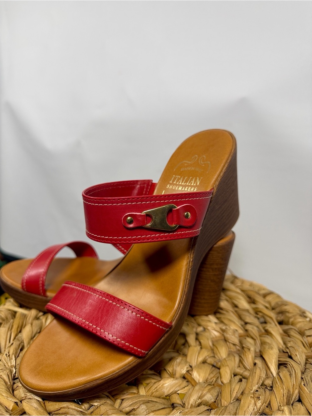Italian Shoemakers Red Leather Double-Strap Sandals Mallory Wedge Size 8 NWT